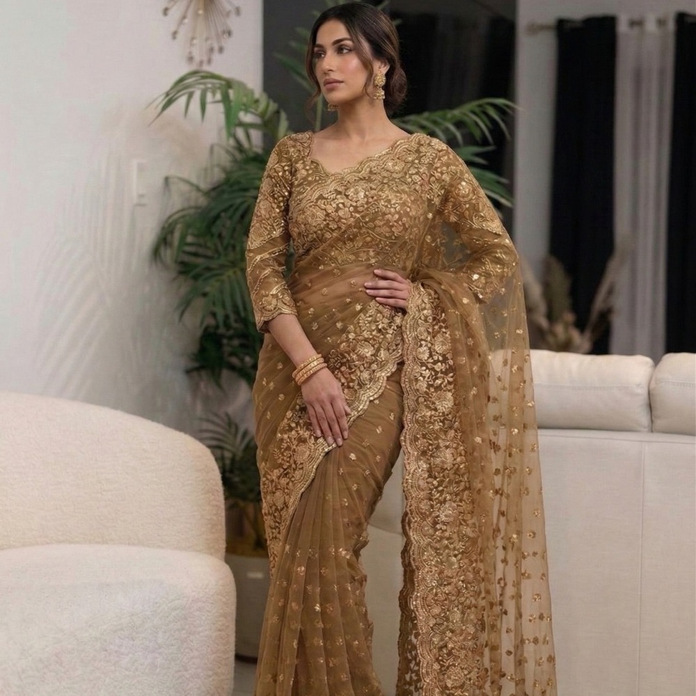 Elegant Gold Embroidered with kardana hand working Saree(full stitched blouse)